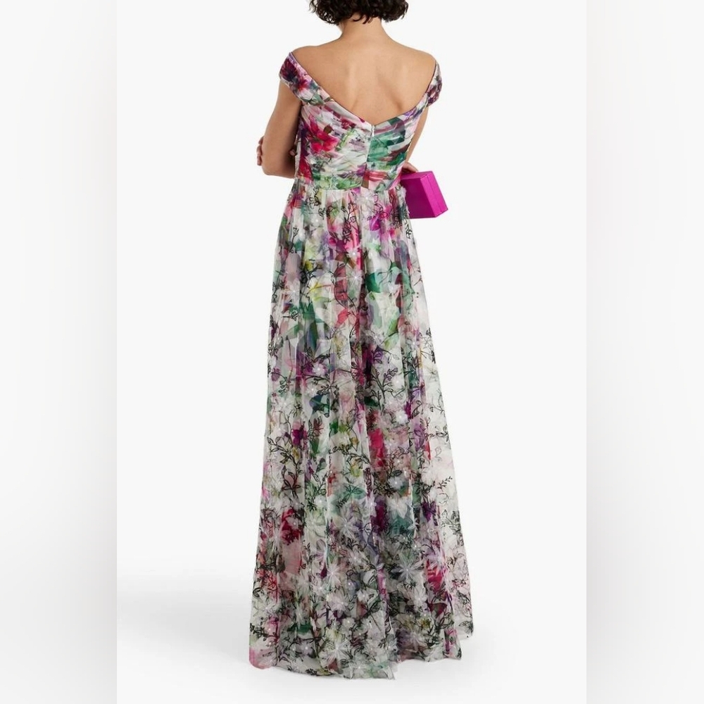 MARCHESA Off-the-shoulder pintucked floral-print tulle gown - Picture 2 of 7